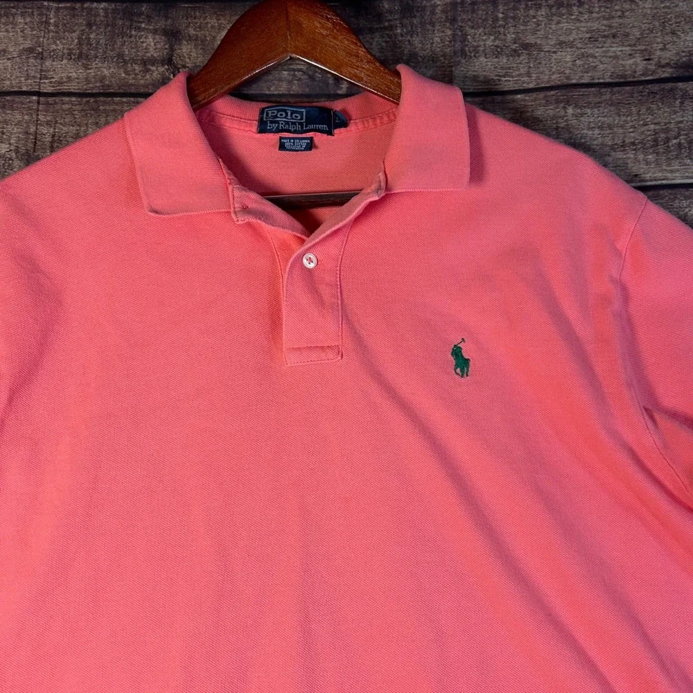 Polo Ralph Lauren Mens Coral Pink Short Sleeve Pique Polo Shirt Green Pony L